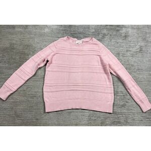 LOFT Sweater Womens L Pink Textured Stripe Crew Neck 100% Cotton Long Sleeve